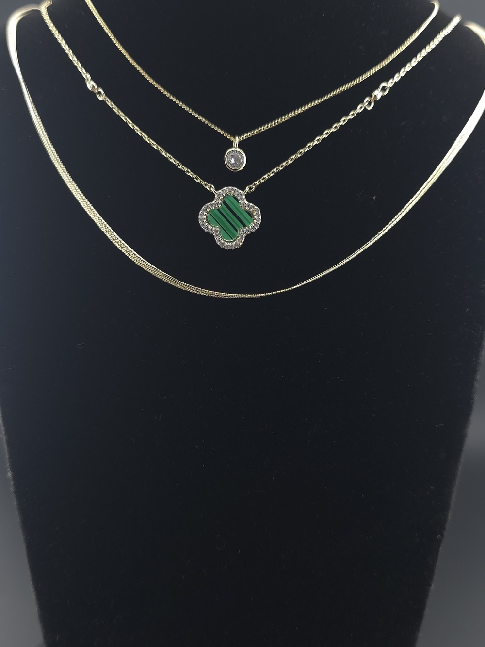 Gold Layered Necklace Set with Green Clover Pendant